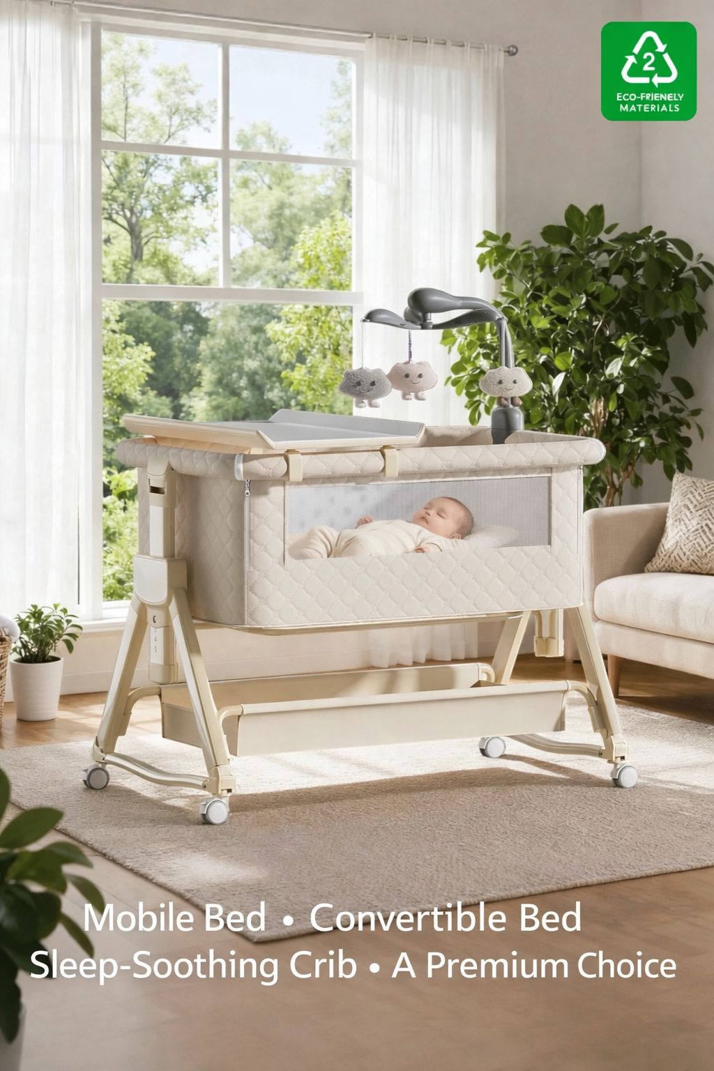Portable Baby Bedside Crib Adjustable Height Foldable Newborn Bassinet with Wheels