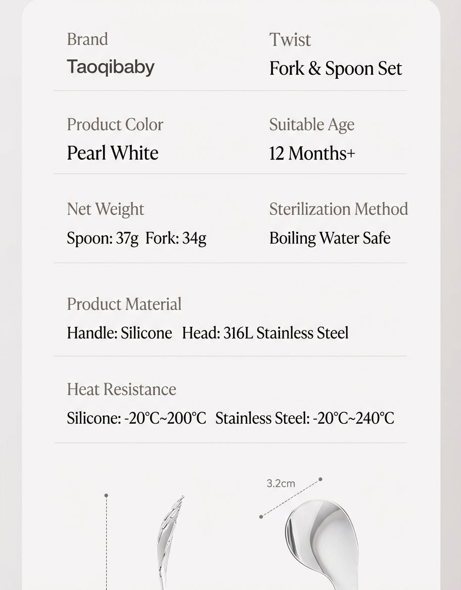Taoqibaby™ Ergonomic Baby Spoon & Fork Set – 316L Stainless Steel Self-Feeding Training Utensils