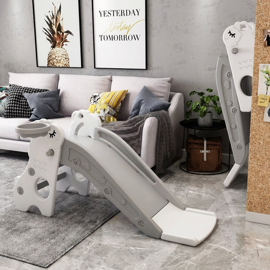 Indoor Kids Slide Foldable Toddler Slide with Basketball Hoop and Safety Steps