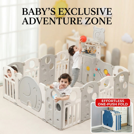 Foldable Baby Playpen Indoor Safety Play Yard with Activity Panels and Basketball Hoop