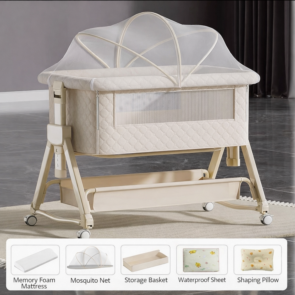 Portable Baby Bedside Crib Adjustable Height Foldable Newborn Bassinet with Wheels