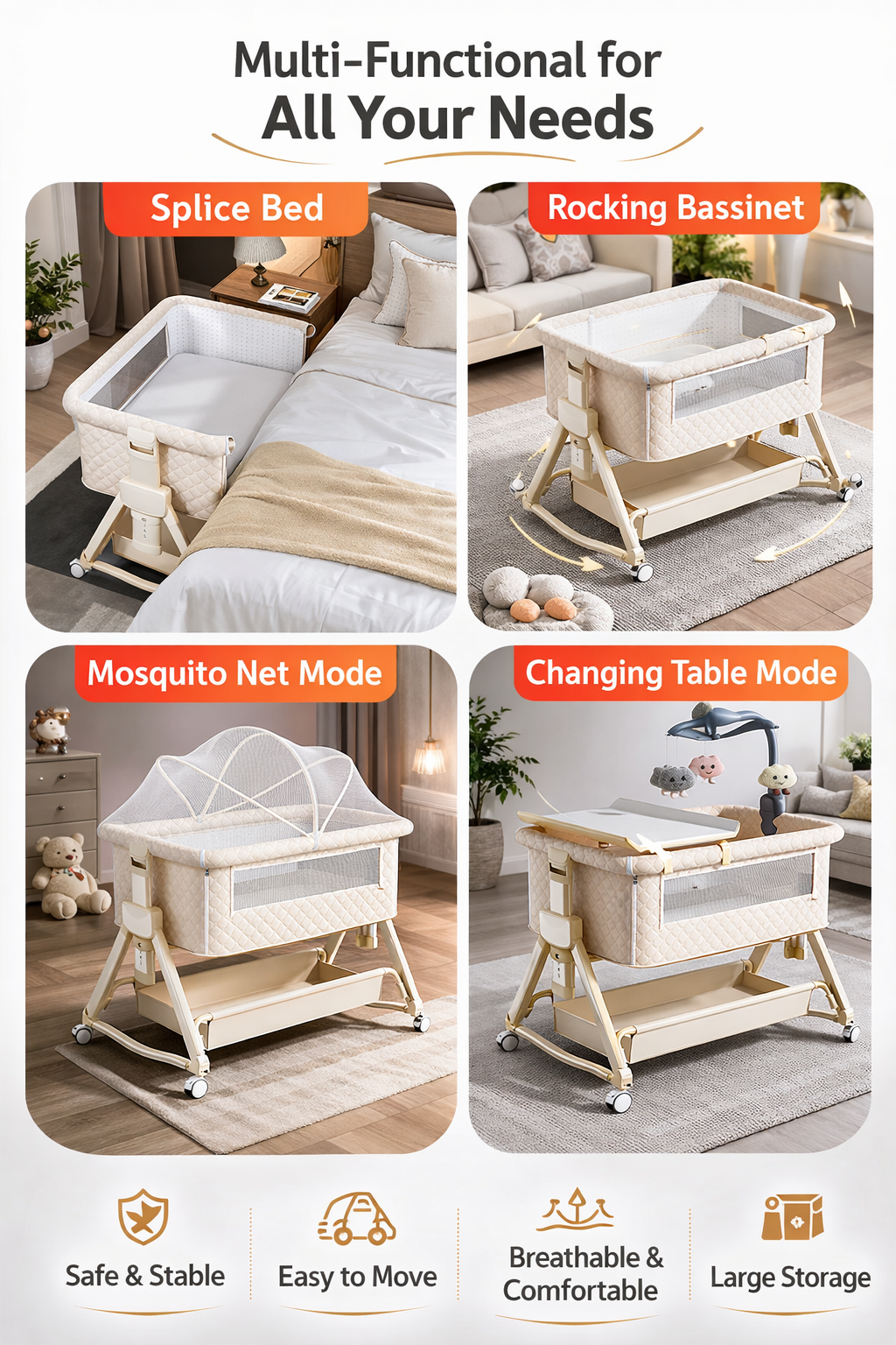 Portable Baby Bedside Crib Adjustable Height Foldable Newborn Bassinet with Wheels