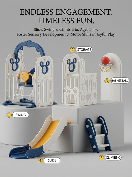 Kids Indoor Playground Slide Swing and Climber Set with Basketball Hoop Multi Activity Playset