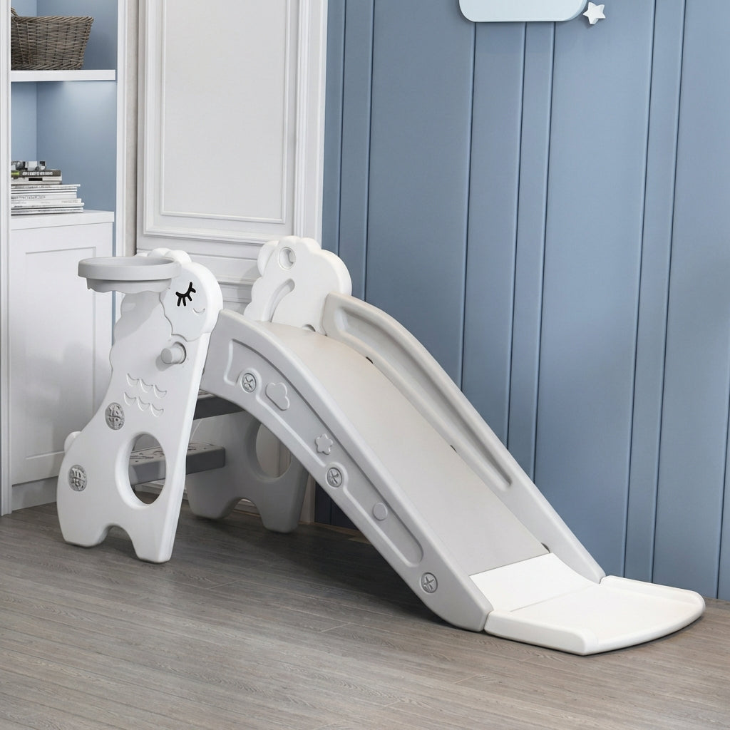 Indoor Kids Slide Foldable Toddler Slide with Basketball Hoop and Safety Steps