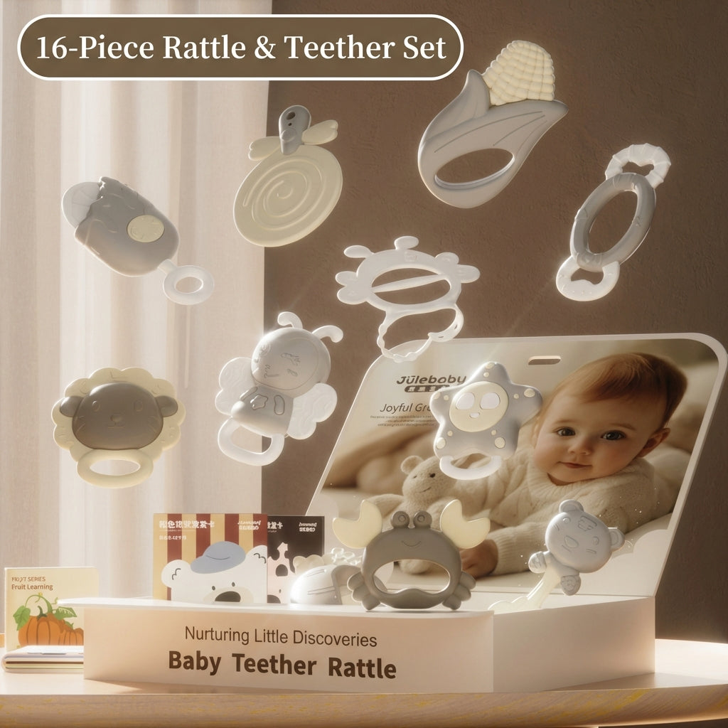 Newborn Baby Toy Gift Set Montessori Rattles Teethers and Sensory Toys Gift Box