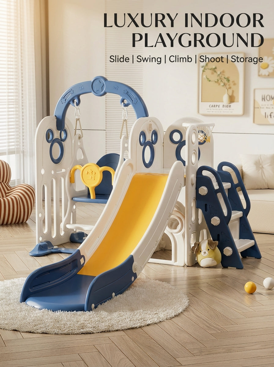 Kids Indoor Playground Slide Swing and Climber Set with Basketball Hoop Multi Activity Playset
