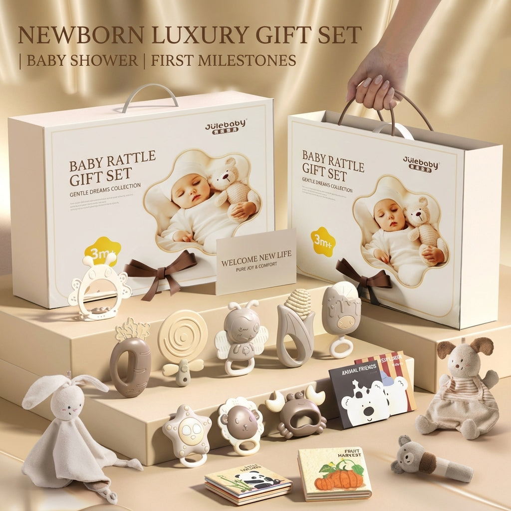 Newborn Baby Toy Gift Set Montessori Rattles Teethers and Sensory Toys Gift Box