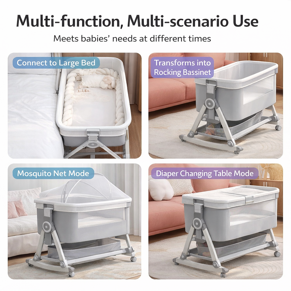 Premium Adjustable Bedside Baby Bassinet with Rotating Mobile & Storage