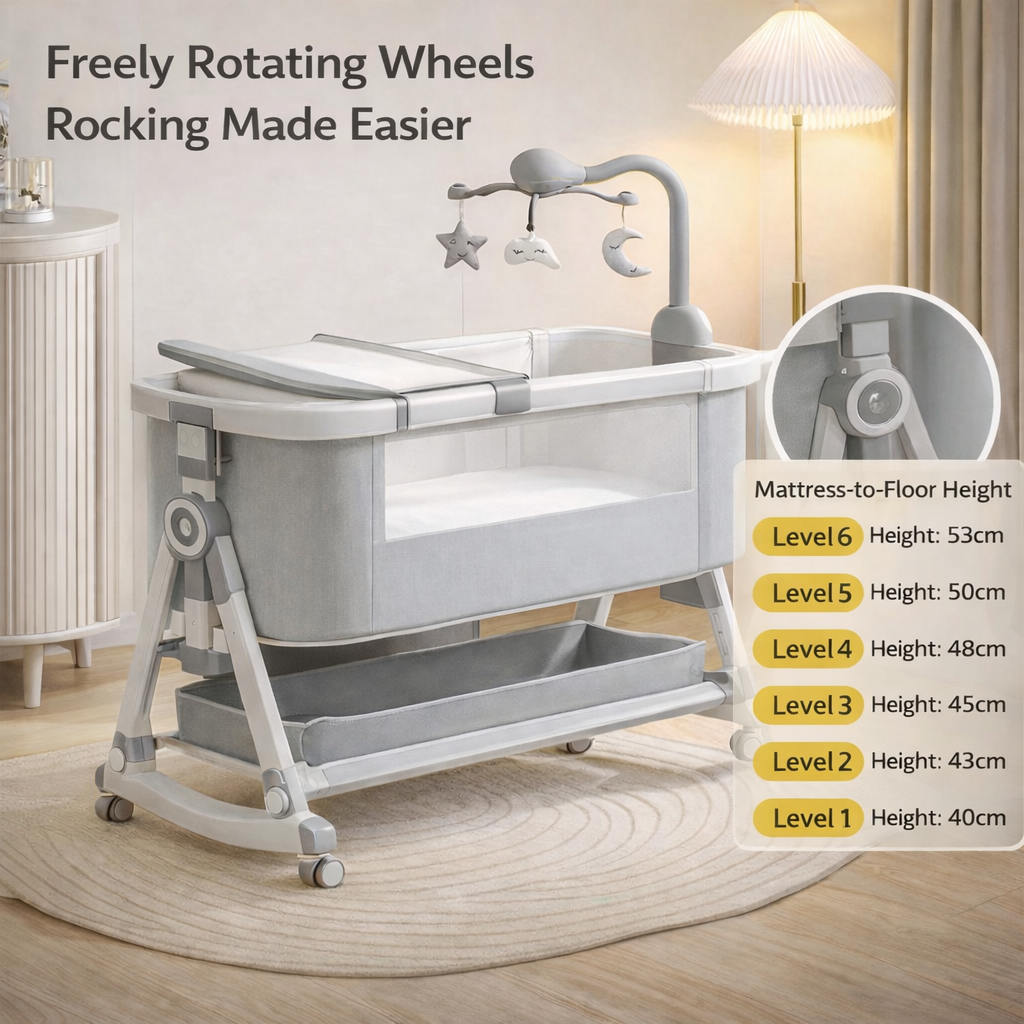 Premium Adjustable Bedside Baby Bassinet with Rotating Mobile & Storage