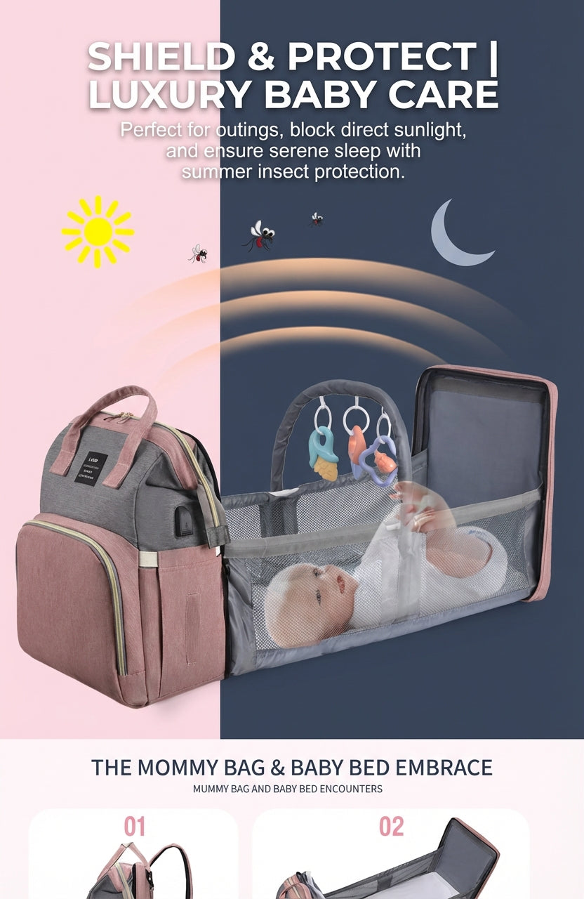 Reibbie French Newborn Baby Welcome Gift Box – Luxury Convertible Diaper Backpack & Portable Crib Set