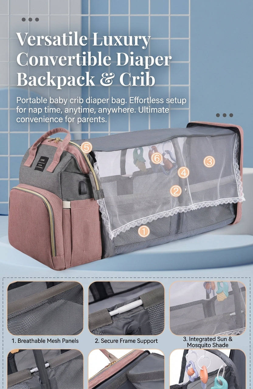 Reibbie French Newborn Baby Welcome Gift Box – Luxury Convertible Diaper Backpack & Portable Crib Set