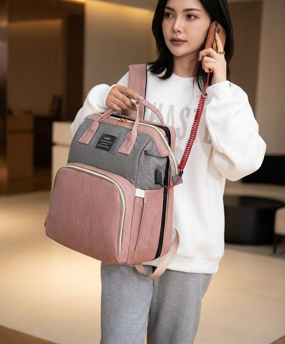 Reibbie French Newborn Baby Welcome Gift Box – Luxury Convertible Diaper Backpack & Portable Crib Set